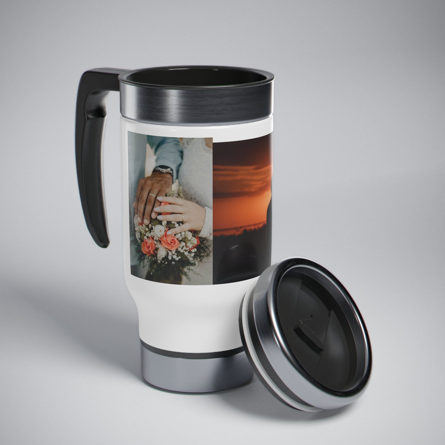 "Sunset Embrace" Stainless Steel Travel Mug with Handle, 14oz